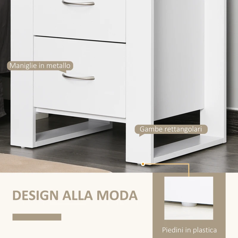 HOMCOM Comodino Moderno in Legno con 2 Cassetti per Camera da Letto, 48x39x54cm, Bianco