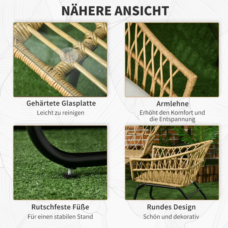 Outsunny Gartensitzgruppe, 4-tlg., Rattanoptik, rechteckiger Tisch, zwei Stühle, Zweisitzer, mit Sitzkissen, Sandfarbe