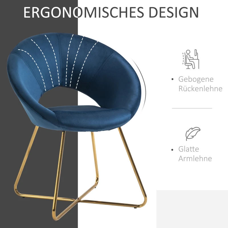 HOMCOM Esszimmerstuhl Wohnzimmerstuhl Bürostuhl Schminkstuhl modern samt blau Loungesessel mit goldenen Beinen ergonomische Sitzen bis 120kg belastbar Stahl 68 x 54 x 84 cm