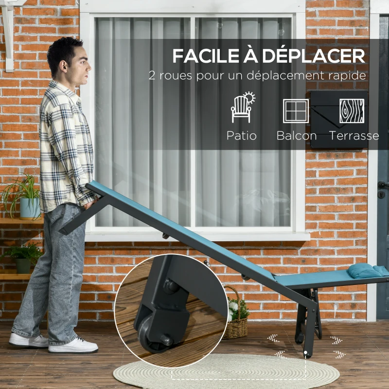 Outsunny Bain de soleil transat en aluminium et textilène avec roulettes et repose-tête dossier inclinable bleu