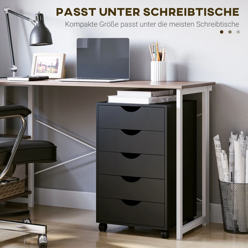 HOMCOM Rollcontainer mit 5 Schubladen, Aktenschrank, 4 Rollen, Schwarz