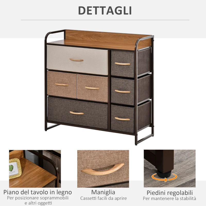 HOMCOM Mobile Cassettiera da Camera da Letto e Soggiorno, Cassettiera con 7 Cassetti Pieghevoli in Tessuto e Ripiano in MDF, 80x29x78.5cm, Multicolore