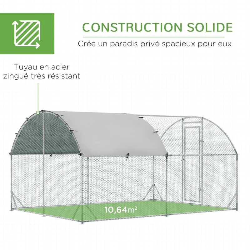 PawHut Grand enclos poulailler 10,64 ㎡ parc grillagé toit anti-UV porte verouillable 2,8 x 3,8 x 1,97 m argenté