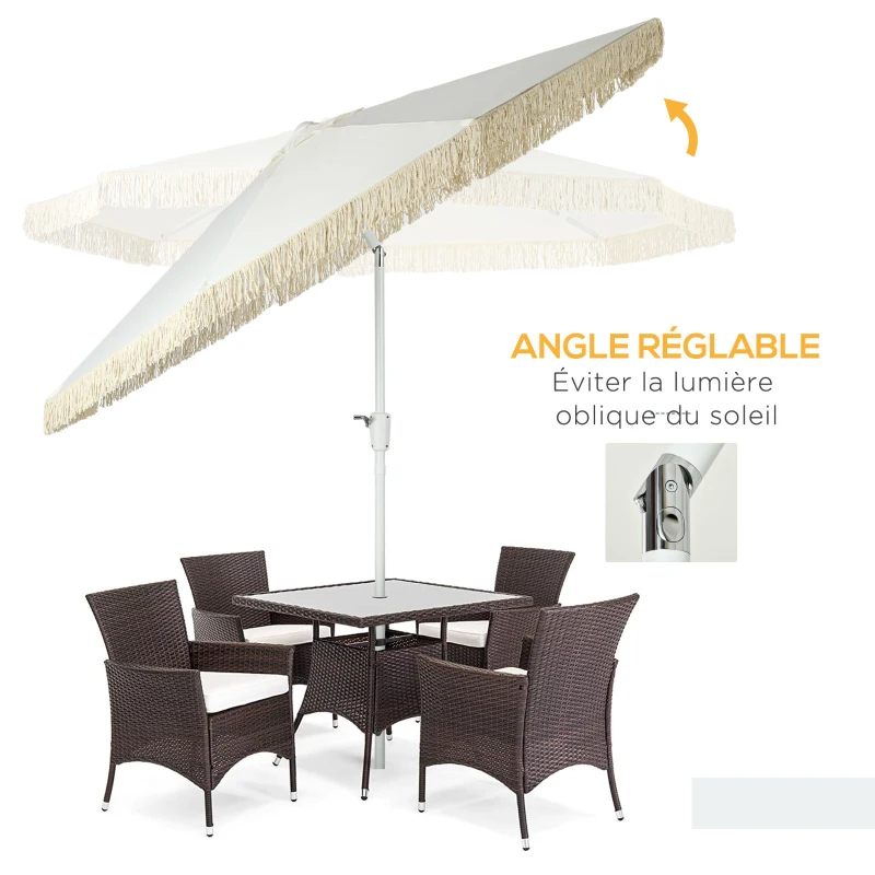 Outsunny Parasol de jardin parasol extérieur inclinable parasol à franges avec manivelle 8 baleines dim. Ø 2,65 x 2,45 H m Blanc