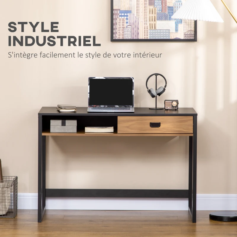 HOMCOM Bureau informatique design industriel grand plateau avec tiroir étagère 110 x 50 x 76 cm aspect noyer et noir