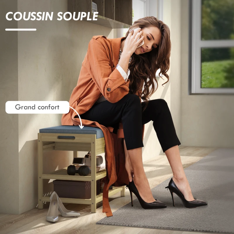 HOMCOM Banc meuble à chaussures pour entrée avec 2 étagères à lattes en bambou et 1 tiroir 55 x 35 x 46 cm naturel