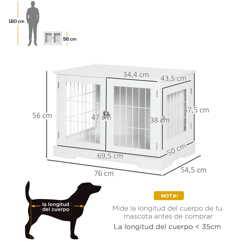 PawHut Jaula de Madera para Perros 76x54,5x56 cm Perrera con Mesa con 2 Puertas y Rejillas de Acero Blanco