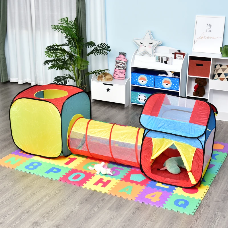 HOMCOM 3 en 1 Casa de Juegos Infantil Tienda de Campaña para Niños Mayores de 3 Años Plegable con 2 Casita Tela Túnel Ventanas de Ventilación 230x70x89 cm Multicolor
