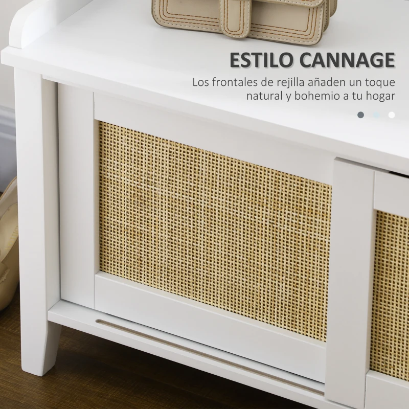 HOMCOM Mueble Zapatero con Banco con 2 Puertas de Ratán Estilo Cannage Carga 130 kg para Pasillo 80x35x45 cm Blanco y Natural