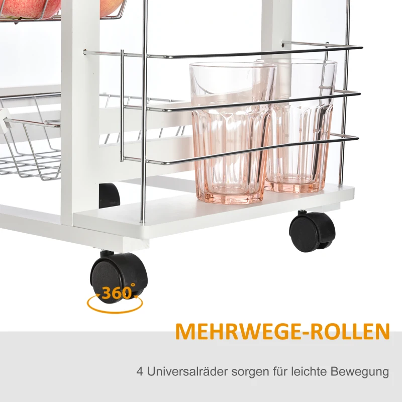 HOMCOM Küchenwagen, 5 Ebenen Servierwagen mit Arbeitsplatte, Rollwagen, Küchenregal mit Rollen, Schublade und Metallkörben, Kiefernholz Weiß 47 x 37 x 83 cm