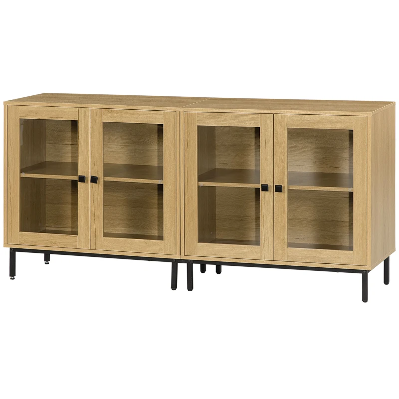 HOMCOM Juego de 2 Aparadores para Salón con Puertas de Vidrio y Patas de Metal para Comedor Dormitorio 160x40x76cm Roble