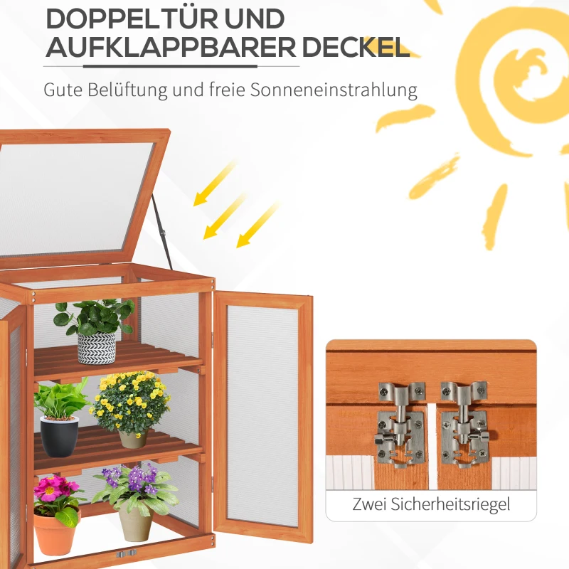 Outsunny Gewächshaus, Treibhaus, mit 2 Regalen, Klappdach, transparentem Gehäuse, Holzrahmen, orange, 58 x 44 x 78cm