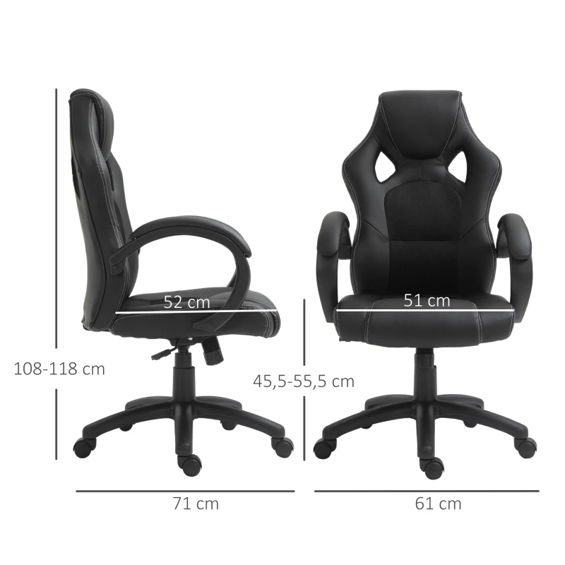 HOMCOM Silla de Oficina Silla Estudio con Función Basculante Altura Ajustable y Respaldo Alto Tapizado en Cuero PU y Malla Transpirable 71x61x108-118 cm Negro