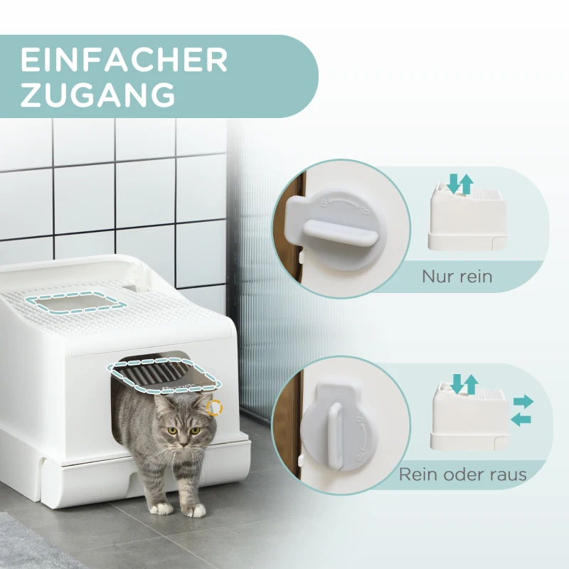 PawHut Katzentoilette mit Abdeckung inkl. Schaufel, Einstieg vorne und oben, Weiß + Grau