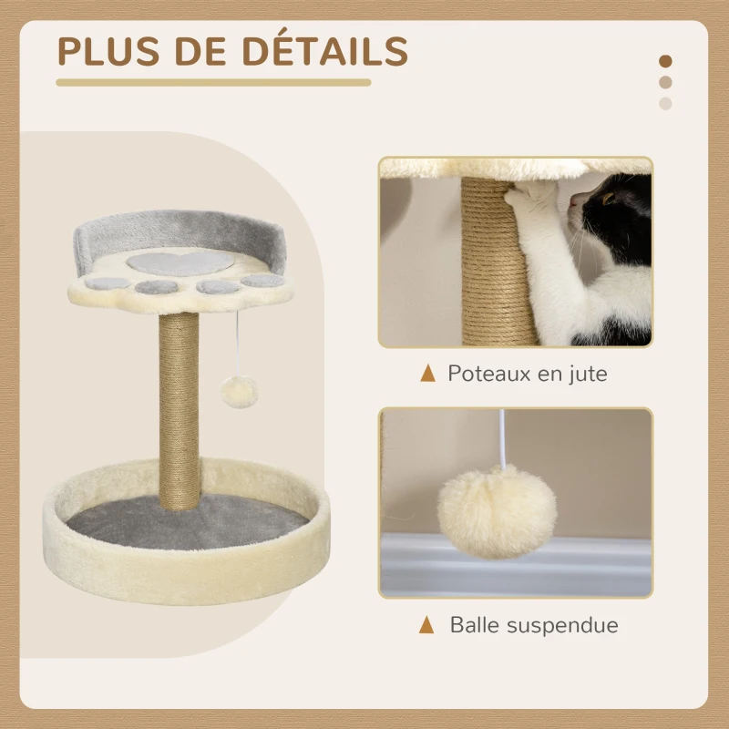PawHut Arbre à chat griffoir grattoir en forme de patte 2 plateformes et un pompon suspendu hauteur 44 cm gris