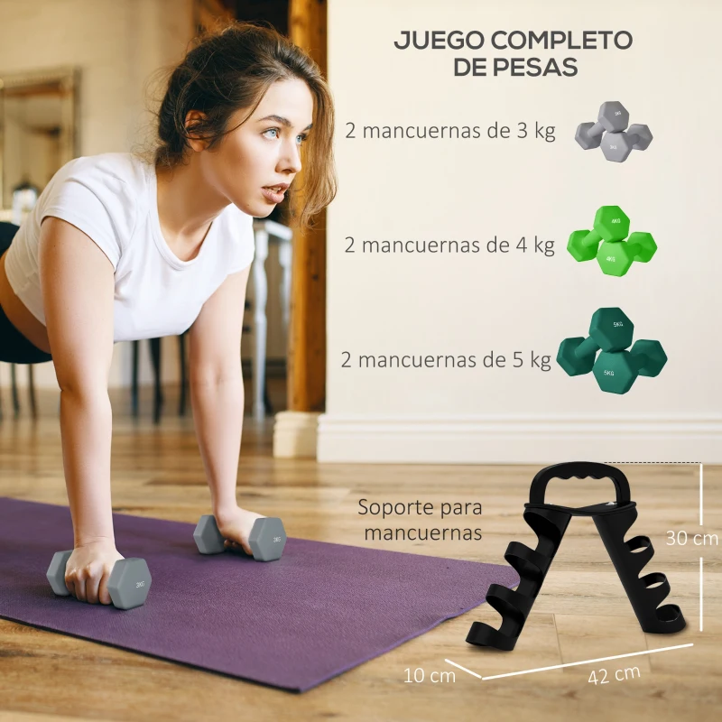SPORTNOW Juego de Mancuernas 2 x3kg 2 x4kg 2 x5kg con Soporte de Almacenamiento para Ejercicio Entrenamiento Multicolor