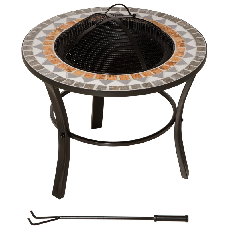 Outsunny 60cm Outdoor Fire Pit Table with Mosaic Outer, Round Firepit with Spark Screen Cover, Fire Poker for Garden Bonfire Party