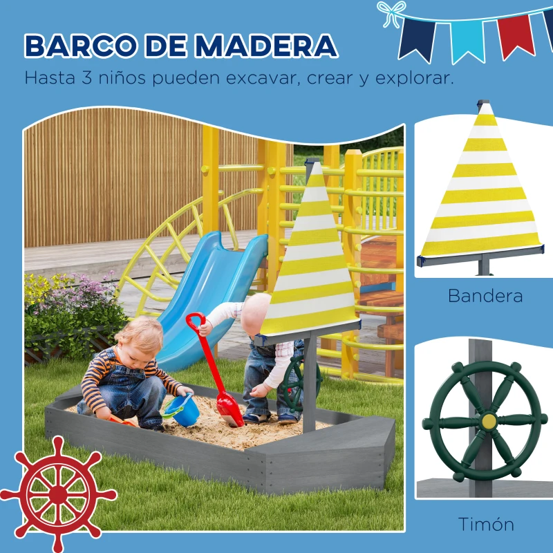 Outsunny Arenero Infantil de Madera con Bandera y Timón en Forma de Velero para Patio Jardín 190x90x138 cm Girs Oscuro