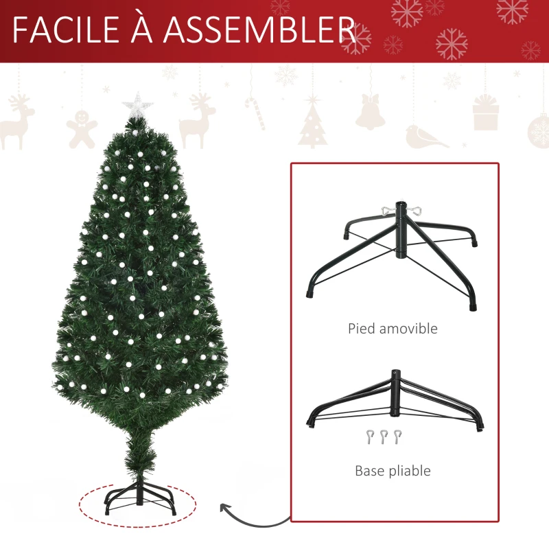 HOMCOM Sapin de Noël Artificiel Lumineux 150H cm Fibre Optique LED 170 Ampoules Multicolores 170 Branches étoile Sommet Brillante Vert