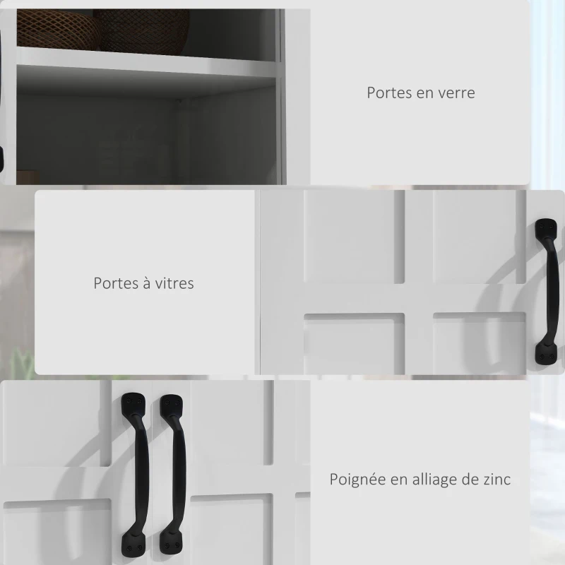 HOMCOM Buffet de cuisine armoire multi-rangements 2 placards, portes en verre, 4 étagères en bois blanc