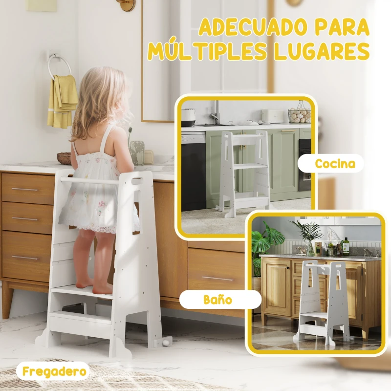 AIYAPLAY Torre de Aprendizaje para Niños con Pedal Altura Ajustable en 3 Niveles y Barrera de Seguridad 45x47,5x91 cm Blanco