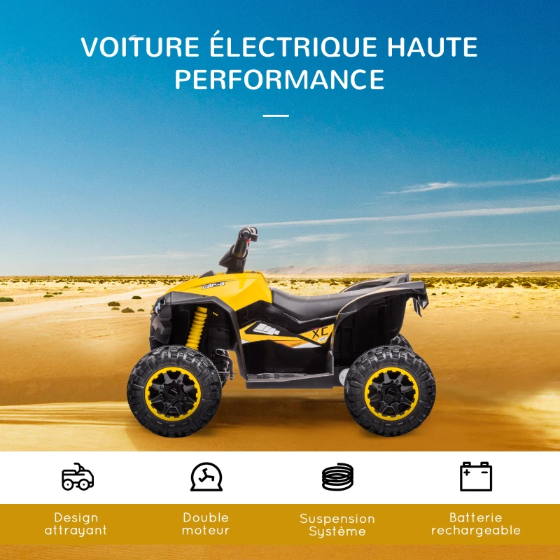HOMCOM Quad électrique enfant 12 V, voiture électrique enfants 2 moteurs 2 vitesses 3-6 km/h, phares LED, klaxon, pour enfant de 3 à 5 ans, poignée et selle ergonomique, jaune(m-4)