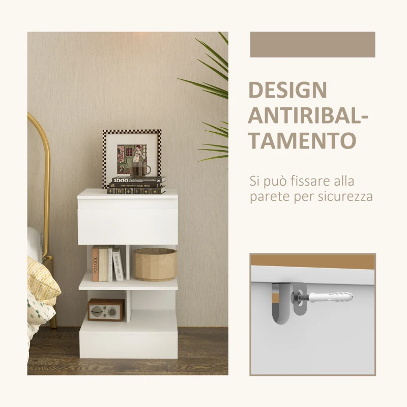 HOMCOM Comodino Moderno in Truciolato e MDF con un Cassetto e 2 Ripiani, 39x39x65 cm, Bianco