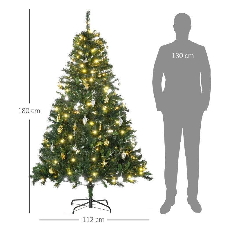 HOMCOM Árbol de Navidad Artificial Árbol de 180 cm con Luces Preinstaladas y Adornos Incluidos Ø112x180 cm Verde