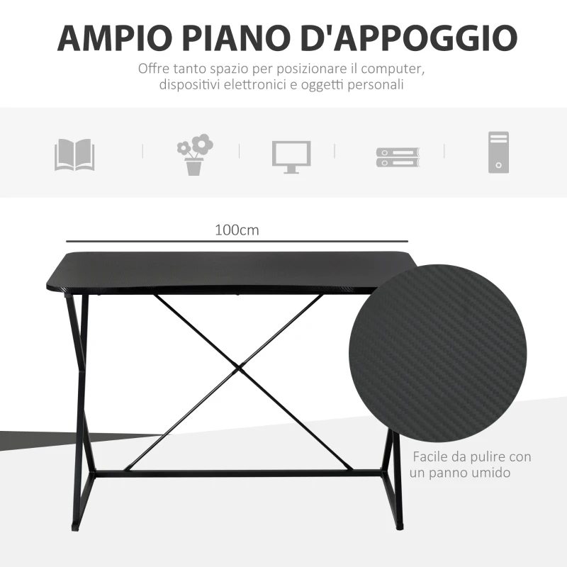 HOMCOM Scrivania per Camera e Ufficio Compatta e Salvaspazio, Scrivania Moderna in Metallo e MDF 100x60x75.5cm Nero
