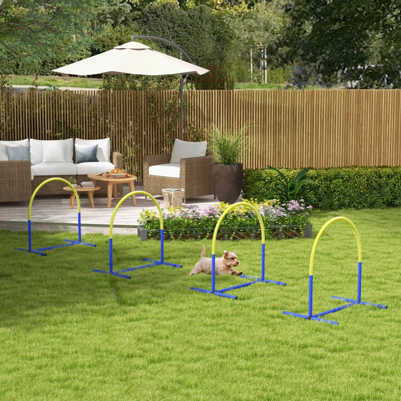 PawHut Agility-Set für Hunde, Hundetraining, 4 Bögen, für Einsteiger, mit Tragetasche, blau+gelb, 88 x 64 x 95cm