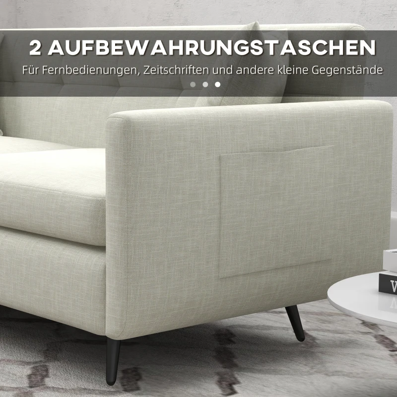 HOMCOM 3-Sitzer Sofa, 2 Seitentaschen, Kissen, Stahlrahmen, bis 250 kg, 165x73x72 cm, Beige