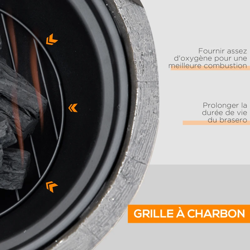 Outsunny Brasero cheminée rond à bois en métal avec tisonnier pare-étincelle grille et poignée diamètre 45,5 cm noir