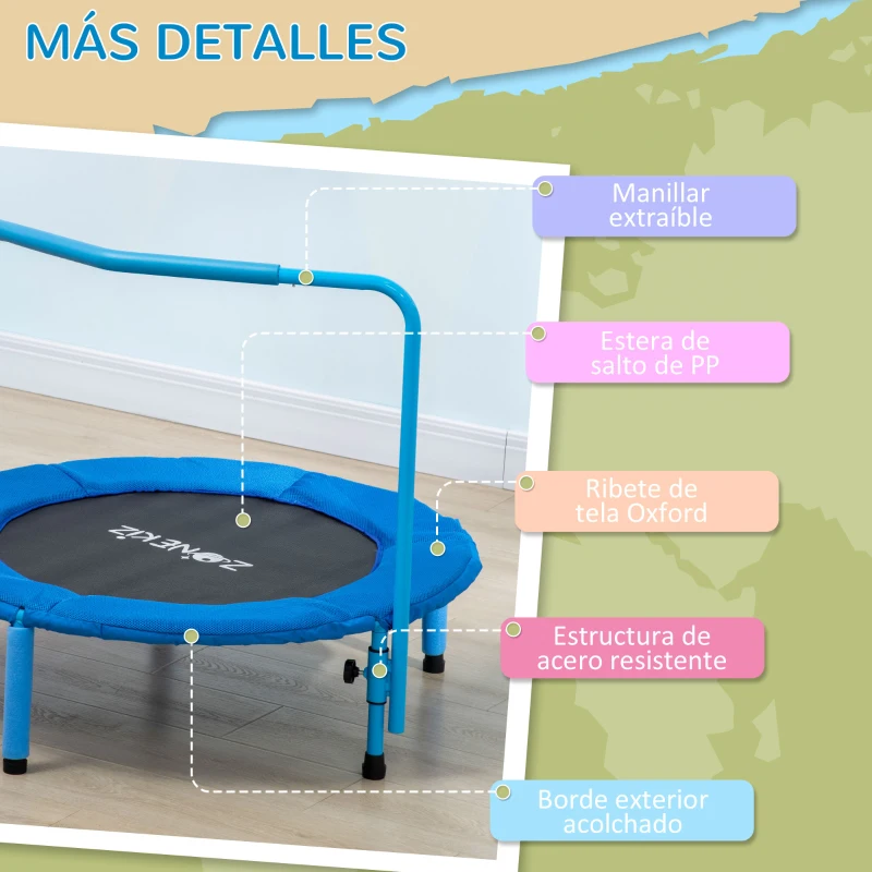 ZONEKIZ 3 en 1 Cama Elástica Infantil Trampolín para Niños de 1-6 Años con Mango Extraíble Ø96x74 cm Azul