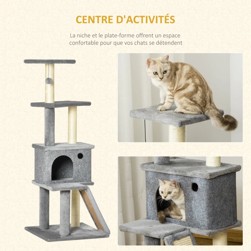 PawHut Arbre à chat griffoir grattoir tour de jeu avec niche plate-formes balle suspendue hauteur 125 cm gris