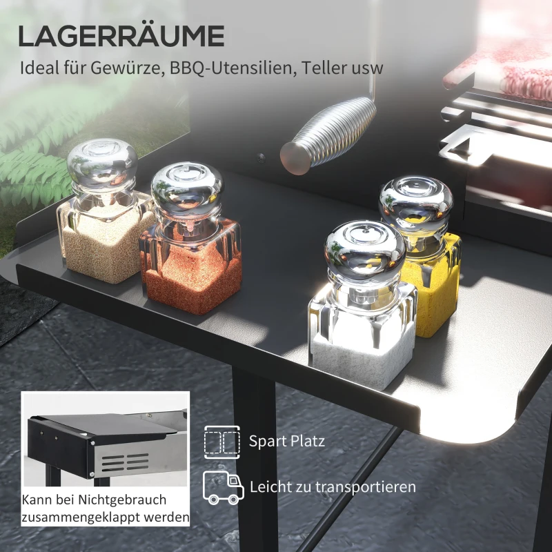 Outsunny Holzkohlegrill Grill BBQ-Grill, verstellbares Rost, 1 Drehspieß, 118 x 32 x 90 cm, Schwarz + Silber