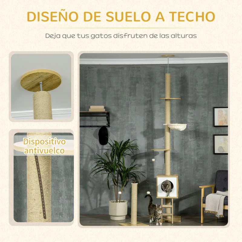 PawHut Árbol para Gatos de Suelo a Techo con Altura Ajustable y Juego de Entretenimiento Libre 40x40x225-285 cm Beige