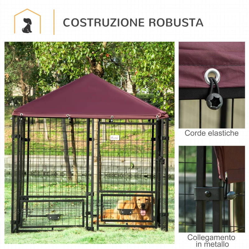 PawHut Recinto per Cani da Esterno con Serratura, 2 Ciotole Girevoli e Copertura Rimovibile, Nero e Rosso(m-6)
