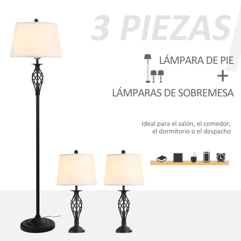 HOMCOM Juego de 2 Lámparas de Mesa y Lámpara de Pie con Pantalla de Tela E27 Máx. 40W Ø38x158 cm y Ø30x62 cm Blanco