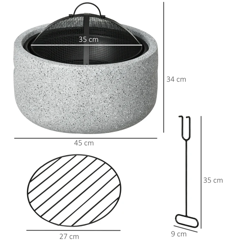 Outsunny Brasero cheminée foyer extérieur rond à bois en métal tisonnier pare-étincelle grille et poignée diamètre 45 cm gris