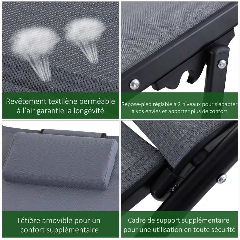 Outsunny Bain de Soleil transat Chaise Longue Fauteuil relax Jardin Design Contemporain inclinable Multi-Positions Repose-Pied réglable tétière icluse alu textilène Gris