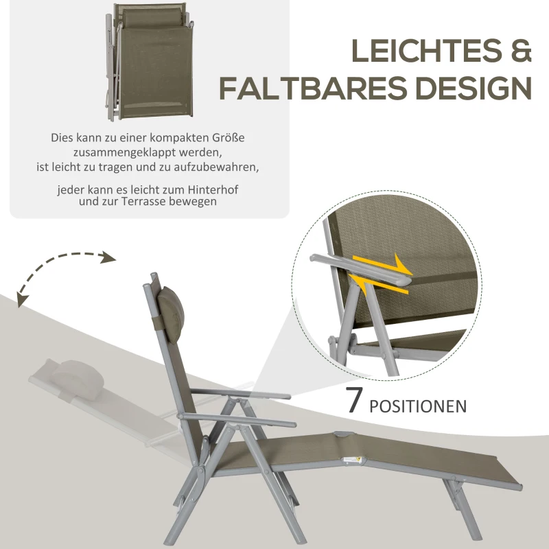 Outsunny Sonnenliege Strandliege Gartenliege Relaxliege klappbar mit Kissen Strand Metall+Stoff Khaki 137 x 63,5 x 100,5 cm