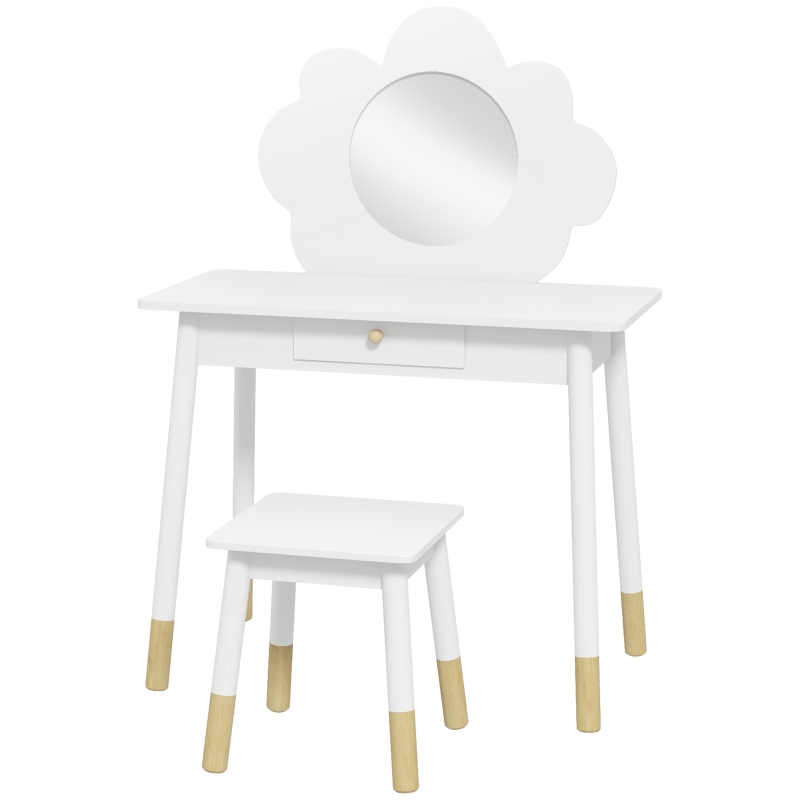 AIYAPLAY Set da Trucco per Bambine 3-6 Anni con Sgabello e Tavolo Toeletta con Specchio e Cassetto in Legno Bianco