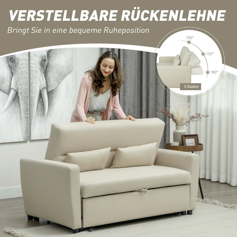HOMCOM 2-Sitzer Sofa mit Bettfunktion, Verstellbarer Rückenlehne, Polstersofa, Samtoptik, für Wohnzimmer, Schlafzimmer, Beige