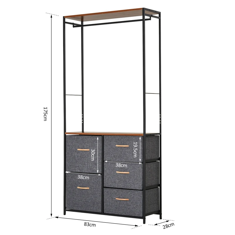 Armario Ropero Abierto Almacenaje Hecho de Metal Plegable con 5 Cajones Extraíbles Apto para Salón Oficina Dormitorio Estudio con Barra para Colgar Estilo Moderno Negra Gris 83x28x175cm