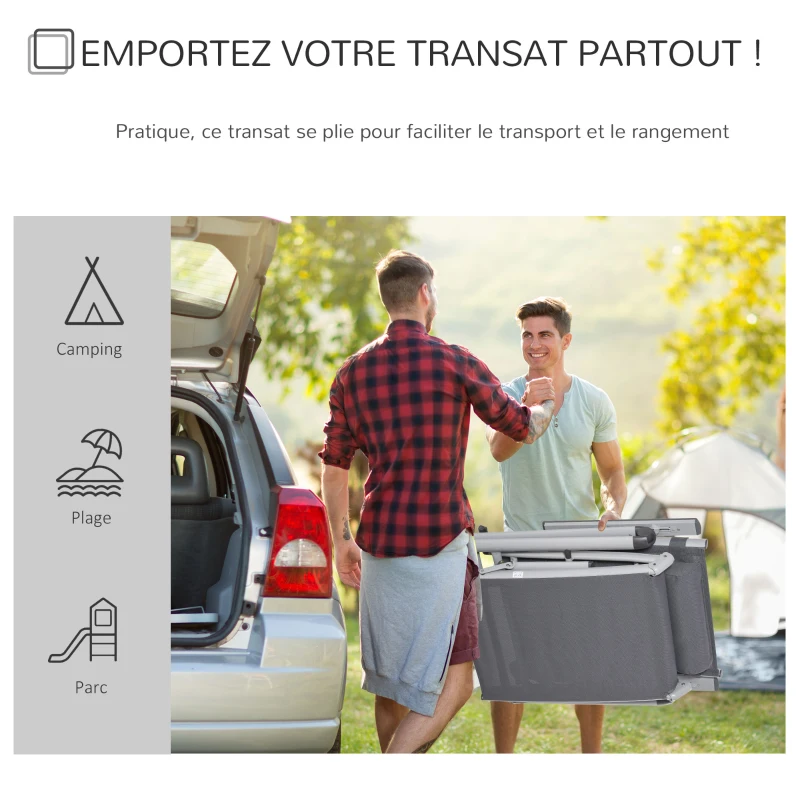 Outsunny Bain de soleil transat pliable dossier inclinable multi-positions têtière fournie alu. textilène gris