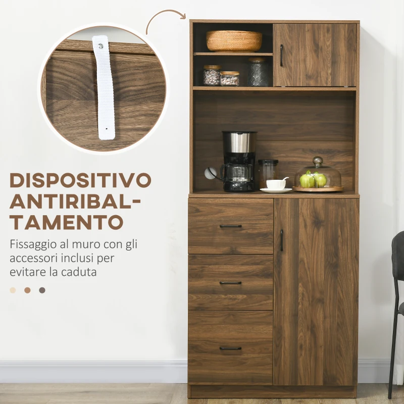 HOMCOM Credenza Moderna con 3 Cassetti e Armadietti, Mobile Dispensa per Cucina e Soggiorno in Legno, 80x40x178cm, Noce