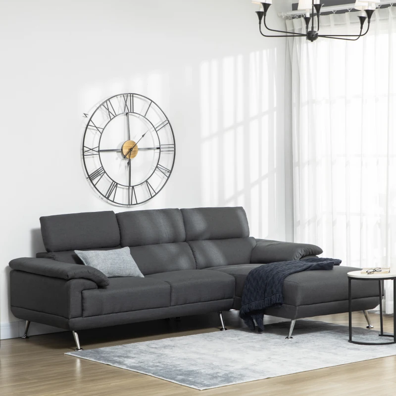 HOMCOM Divano Angolare 3 Posti in Tessuto con Poggiatesta Regolabili, 249.5x162.5x95cm, Grigio Scuro