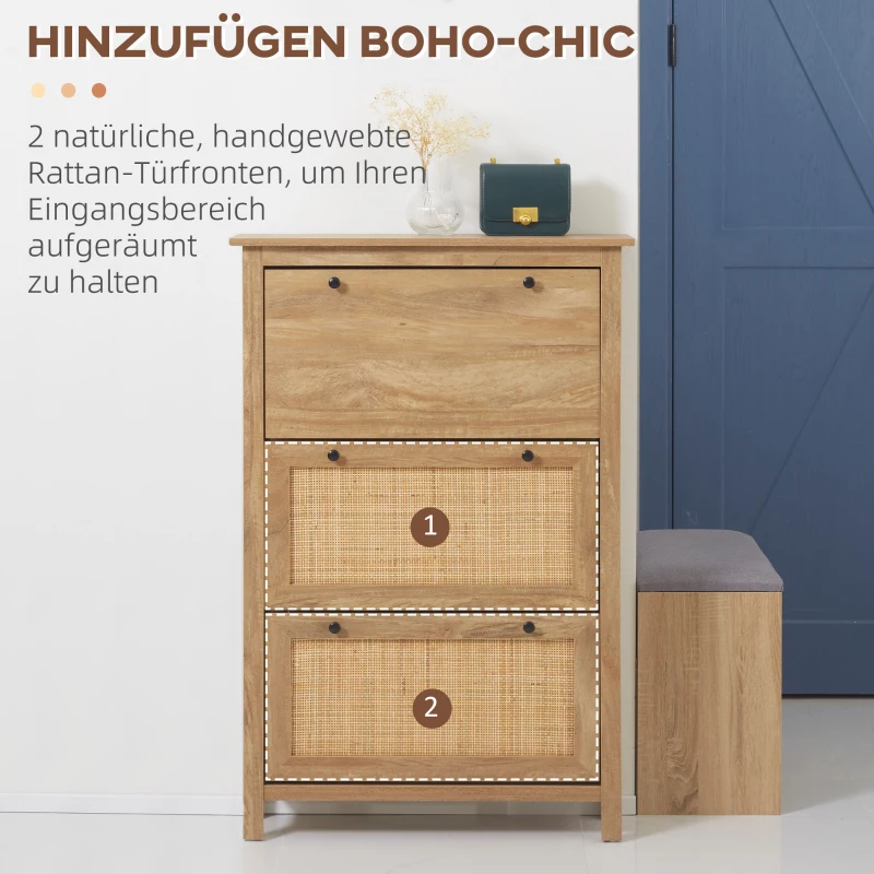 HOMCOM Schuhschrank, bis 18 Schuhpaare, 3 Kippfächer, Rattandekor, Naturholzoptik, 80 x 23,5 x 121,5cm