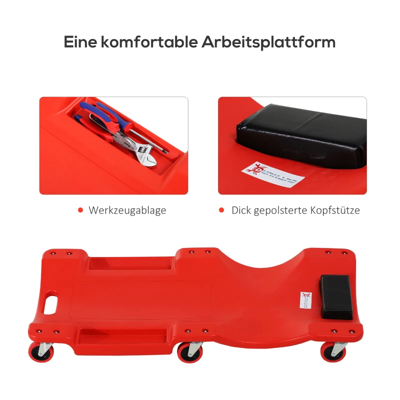 DURHAND Montage-Rollbrett, Kopfstütze, Werkzeugablage, ölbeständig, bis 120 kg, 100x48x12 cm, Rot