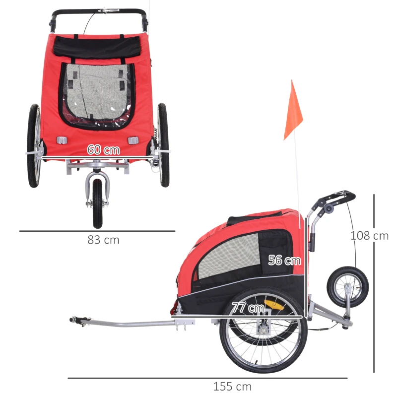 HOMCOM Remorque vélo Jogger 2 en 1 pour Animaux Drapeau Roue Avant pivotante réflecteurs et Barre d'attelage Inclus Rouge Noir
